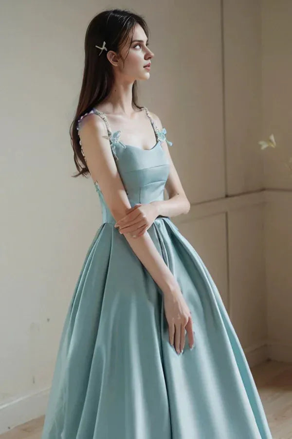 Robes de bal Magasins Chic Satin Bleu A Ligne Bretelles Spaghetti Perlée Longue Robe de Soirée Robe de Bal en Satin Bleu Robes Formelles pour Femmes